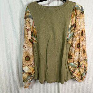 Brand Easel Los Angles - Olive & Sunflower Floral Mix Long Sleeve Top, Size S